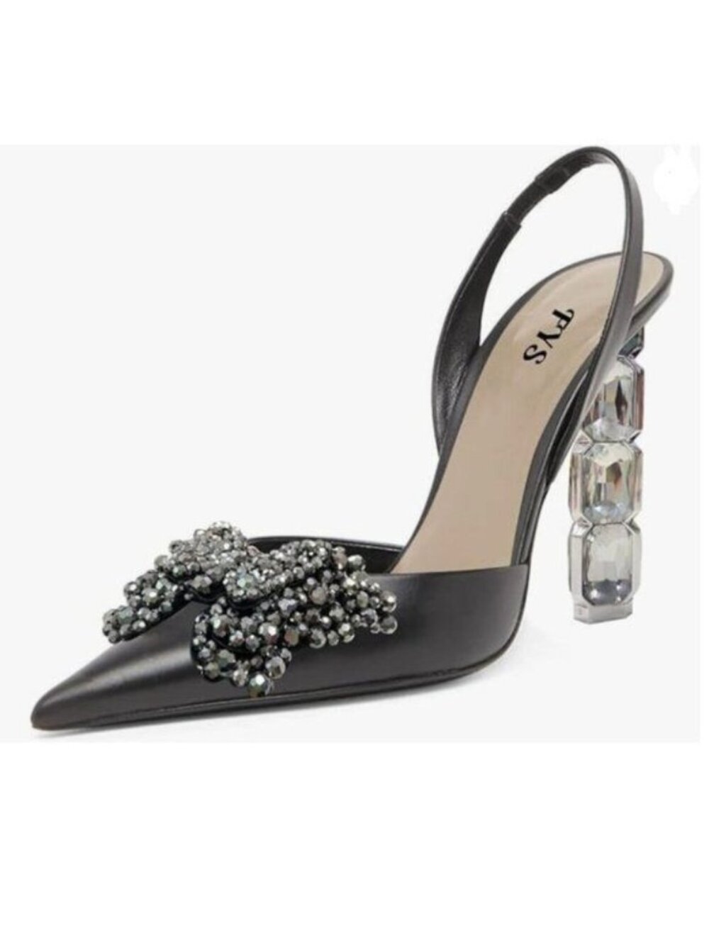 FYS Black Pointed Toe Slingback Sandals Crystal Rhinestones D'Orsay Prom Pumps